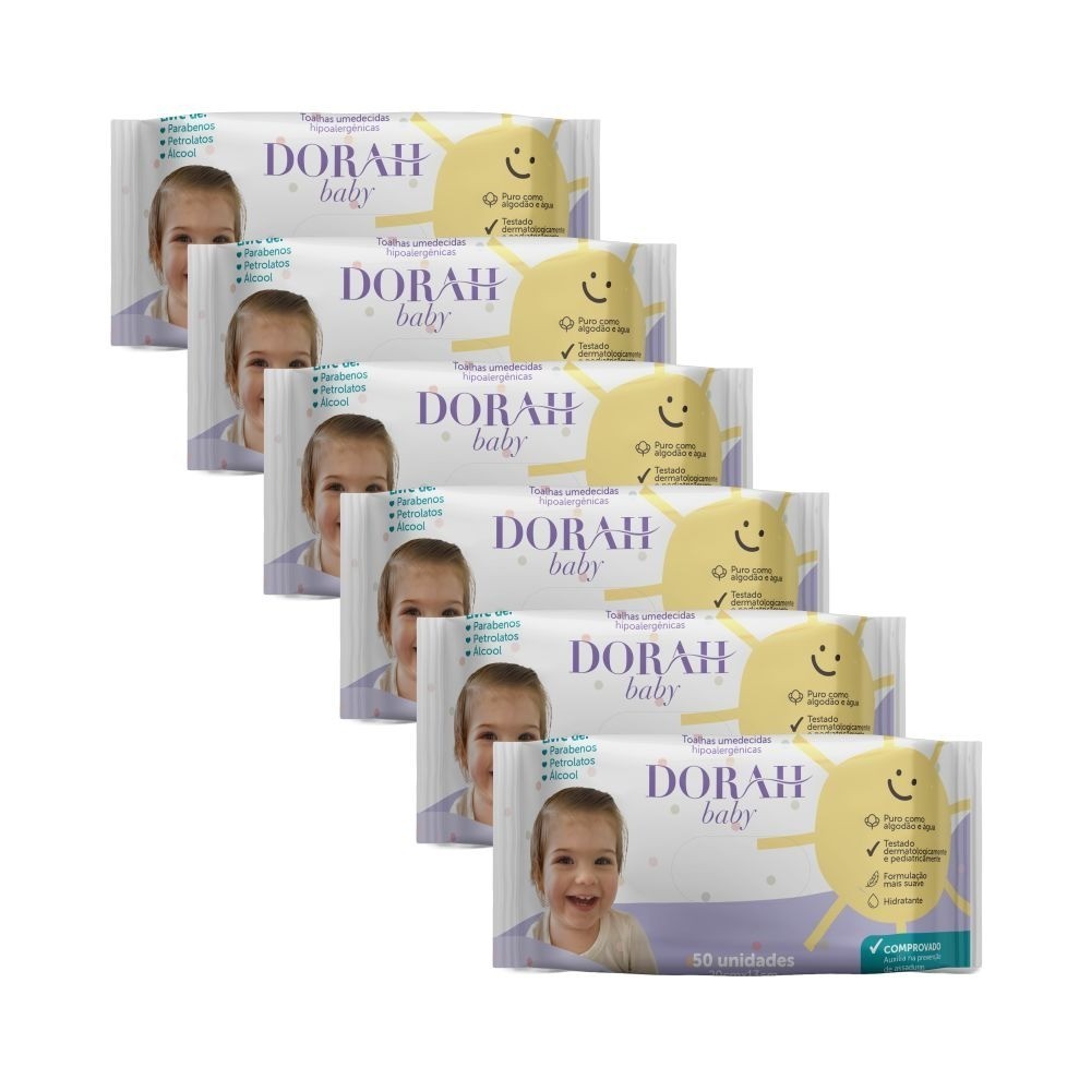 6 Unidades de Toalhas Umedecidas Sem Álcool - 50 Unidades | Dorah Baby