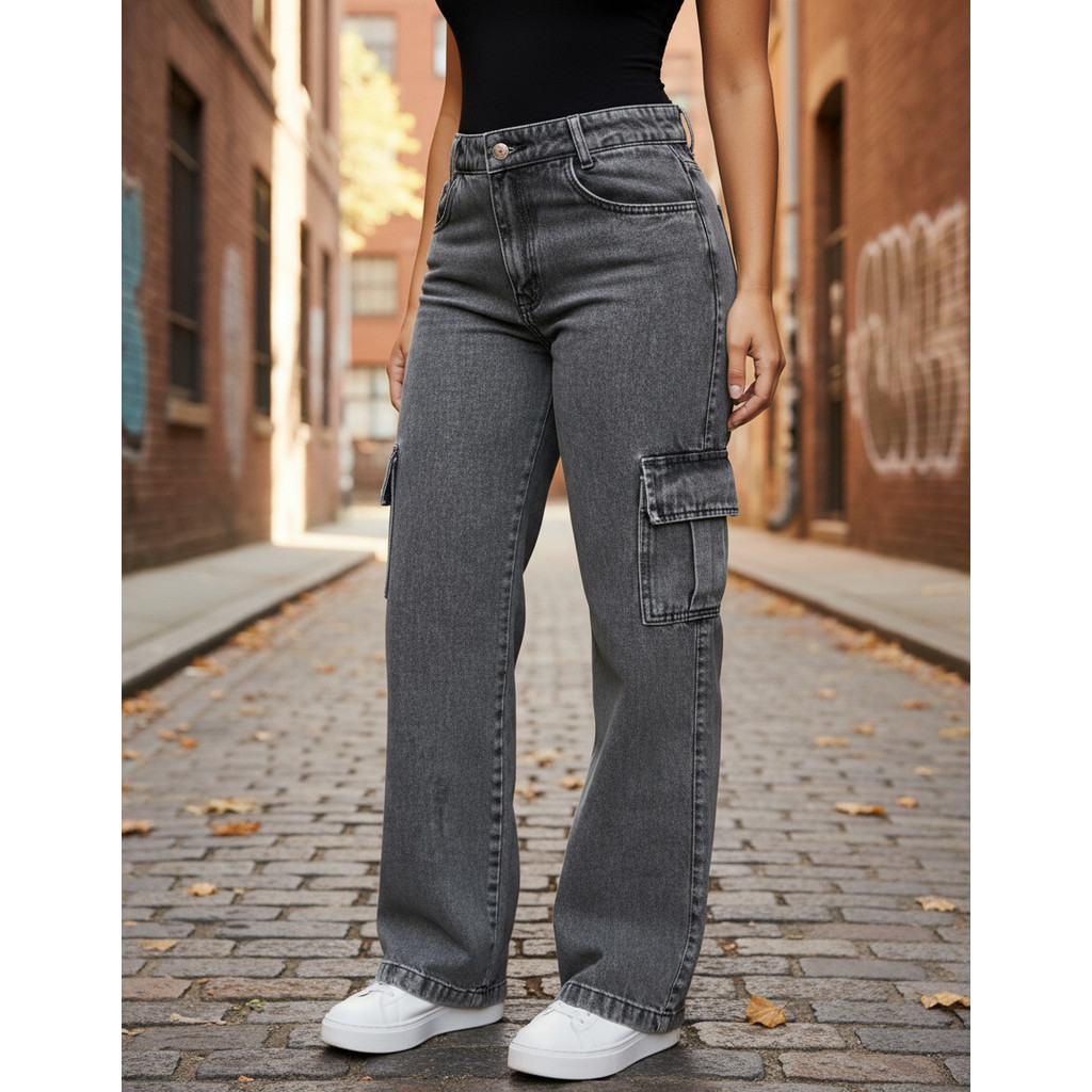 Calça Feminina Wide Leg Cargo, Cintura Alta em Oferta na Shopee