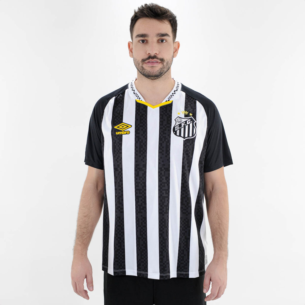 Camiseta de Time Umbro Santos OF.2 2025 Torcedor Preto Branco e Amarelo - Masculino em Oferta na Shopee