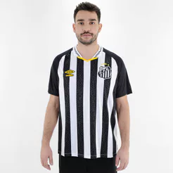 Camiseta de Time Umbro Santos OF.2 2025 Torcedor Preto Branco e Amarelo - Masculino