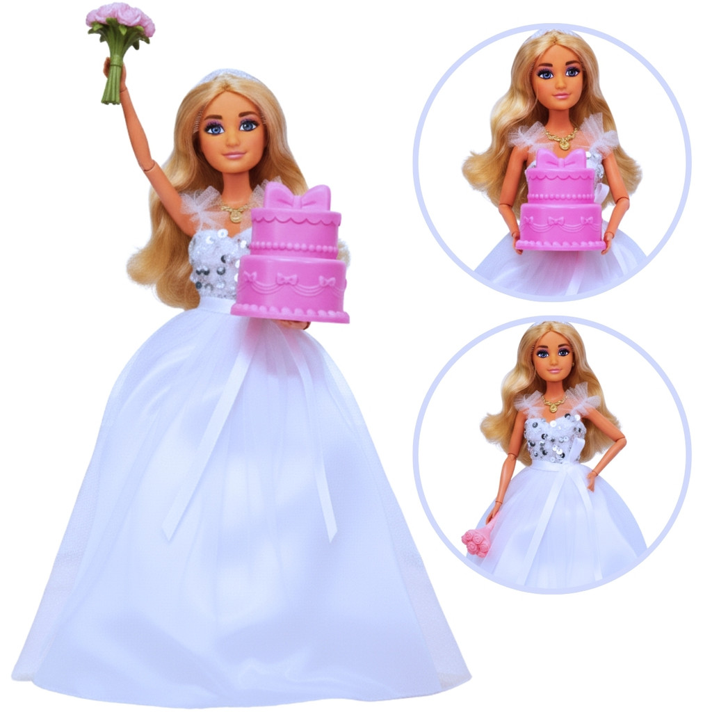 Boneca Coleção Vestido De Noiva Acessórios Buquê Flor Bolo - Castela em Oferta na Shopee