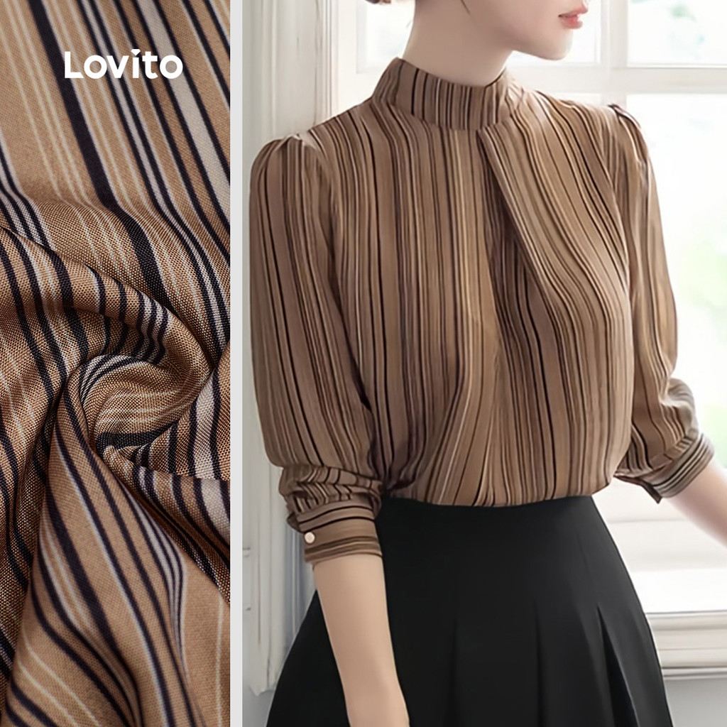 Lovito Blusa Elegante com Pregas Botões Primavera/verão Palha para Mulheres L158ED031