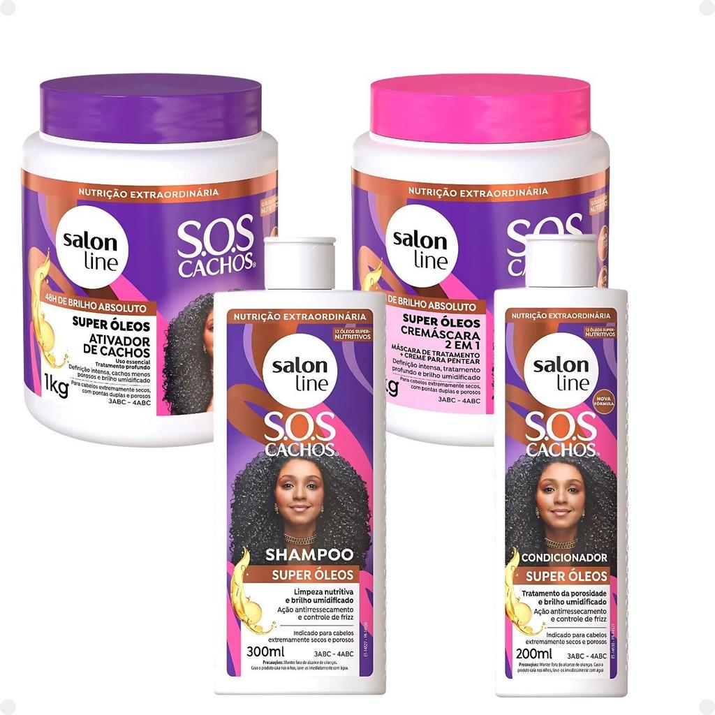 Kit Salon Line SOS Cachos Super Óleos: Sham 300ml e Cond 200ml + Cremáscara 2 em 1 e Ativador 1kg