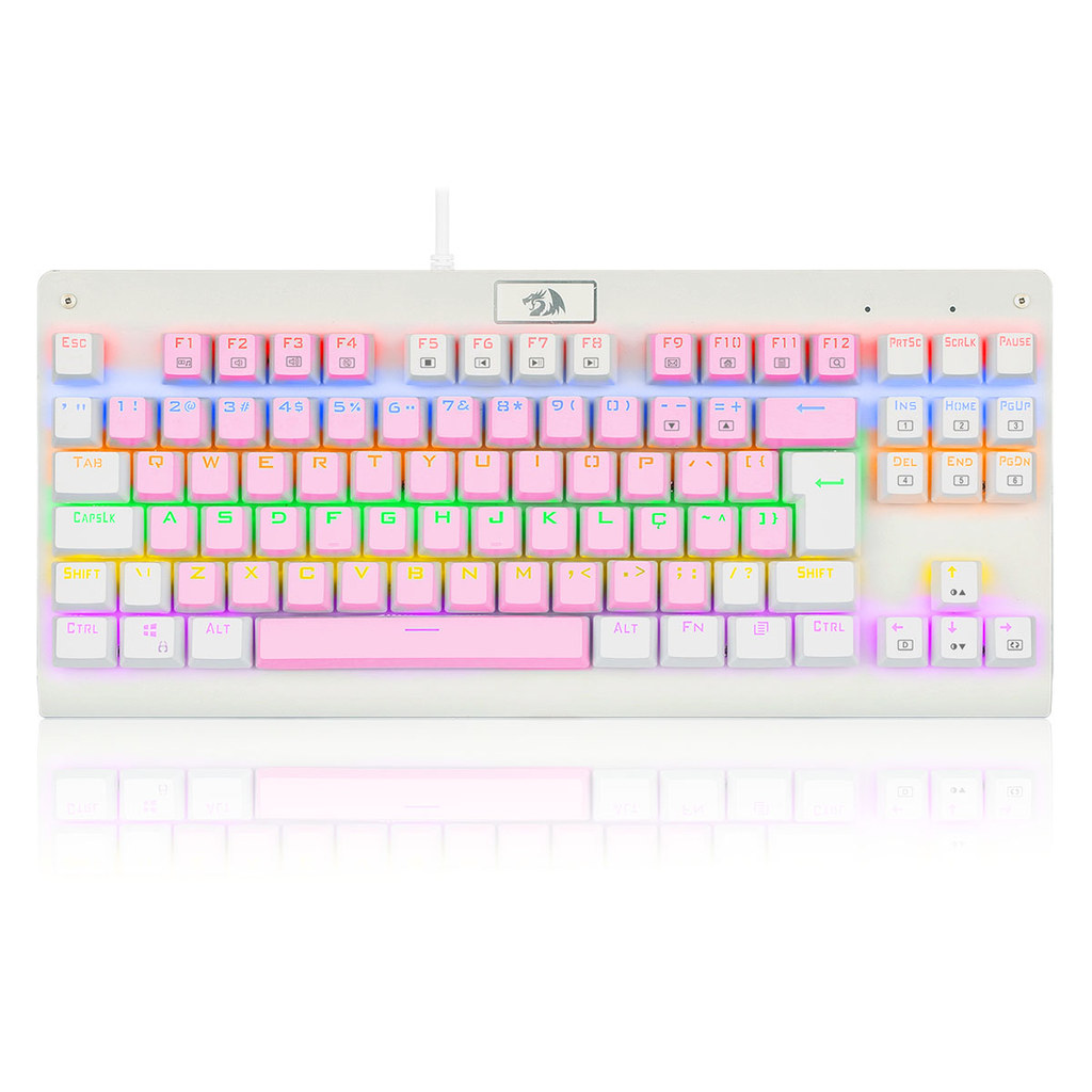 TECLADO MECANICO USB GAMER DARK AVENGER RAINBOW SWITCH BLUE REDRAGON K568PW-R ROSA COM BRANCO