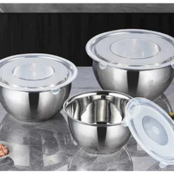 Conjunto de Bowls Tigelas de Inox com Tampa Plastica -bacia inox bowl inox