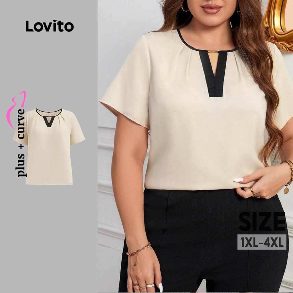Lovito Blusa Elegante Plus Size Com Modelagem Lisa E Blocos De Cores Para O Verão/primavera LBL24306 em Oferta na Shopee