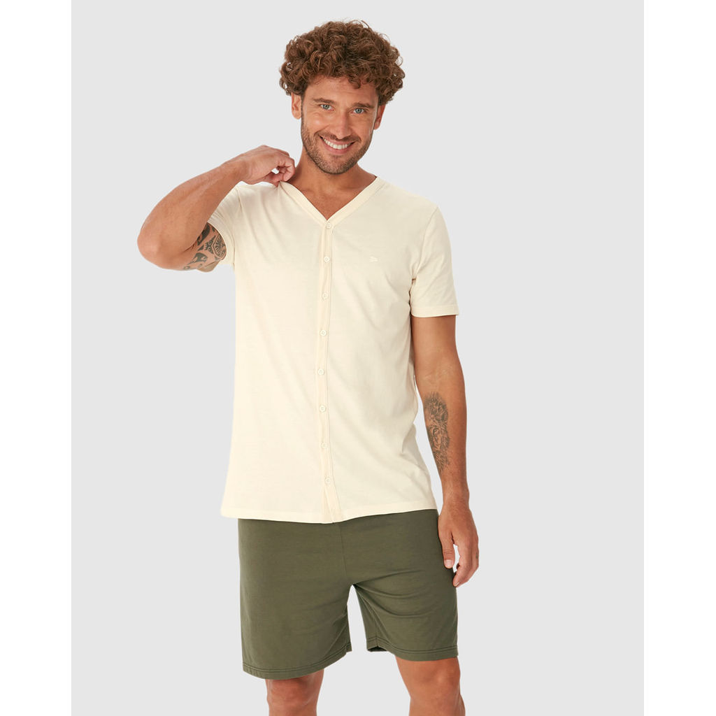 Pijama Curto Masculino Camiseta Decote V Abotoamento Frontal Em Algodão