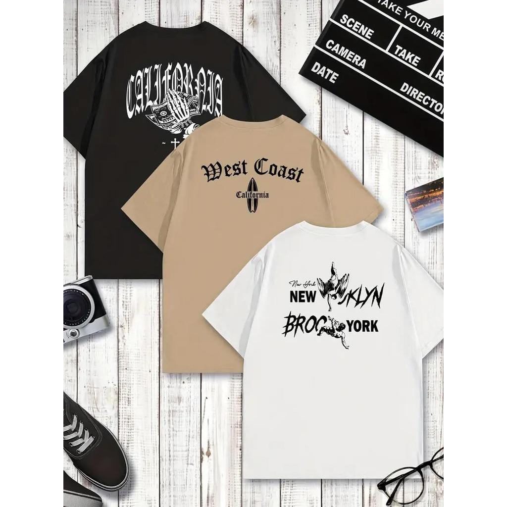 Kit 3 Camiseta Masculina Algodão Premium Adulto Plus Size Infantil Streetwear Casual Over West Coast Surf Anjo Swag Mão