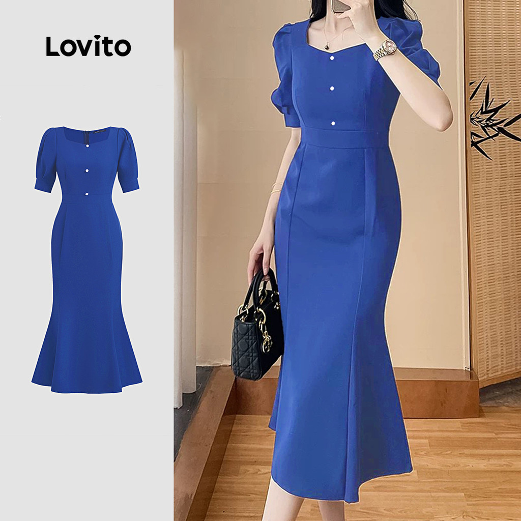 Lovito Vestido Azul Casual de Botão Retrô para Modo de Vida  Primavera/verão  para mulheres L142ED209