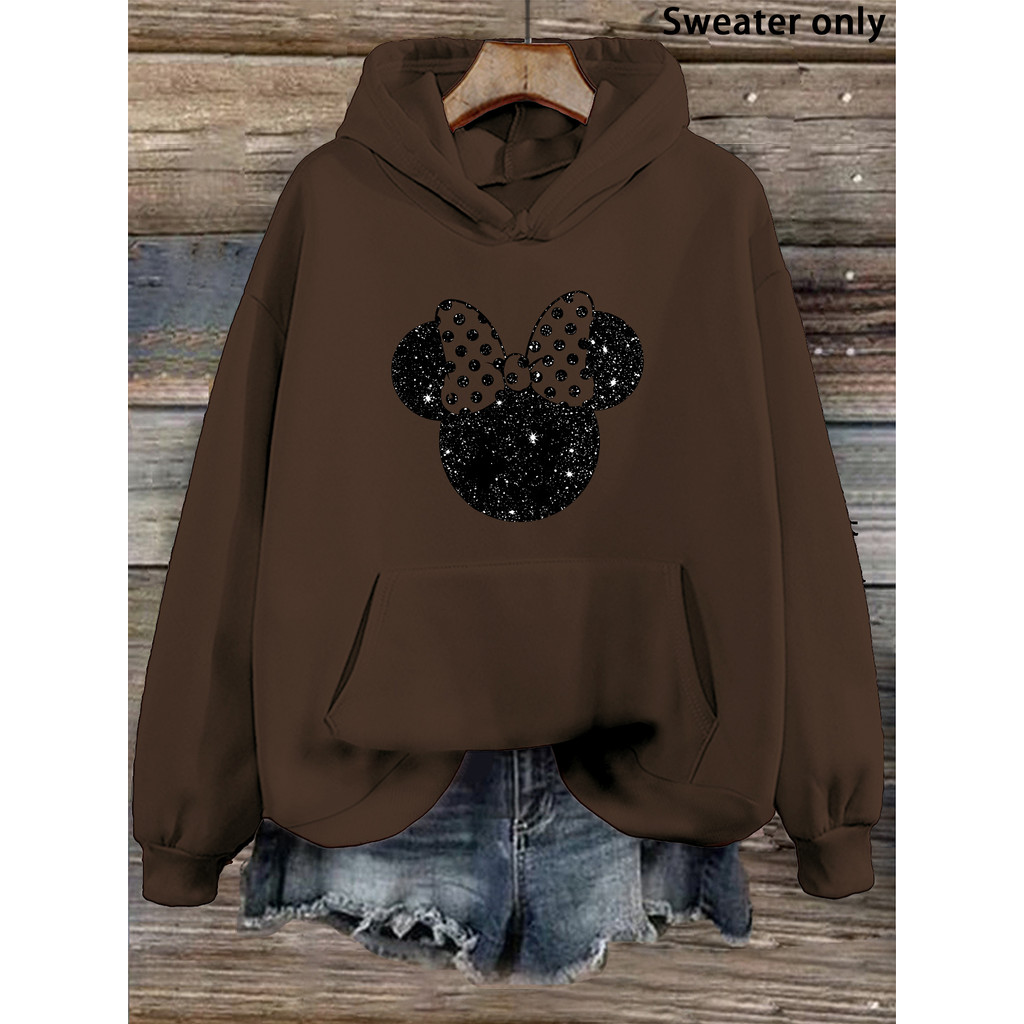 Moletom com capuz estampado com estampa de cabeça da Minnie Flash Diamond, Top feminino estilo Casual, bolso canguru, mo
