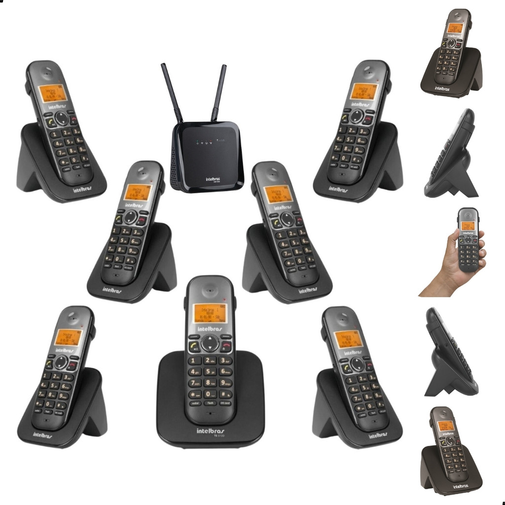 Kit Aparelho Telefone Intelbras TS 5120 + 6 Ramais TS 5121 com Bina Viva Voz para Chip 4G Celular