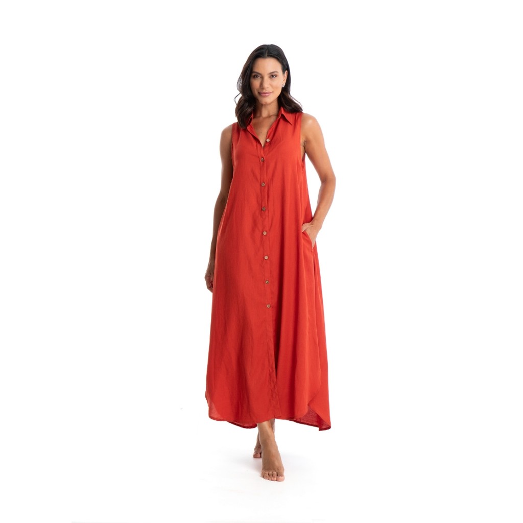 Vestido Longo Sem Mangas com Cinto e Bolsos Liso