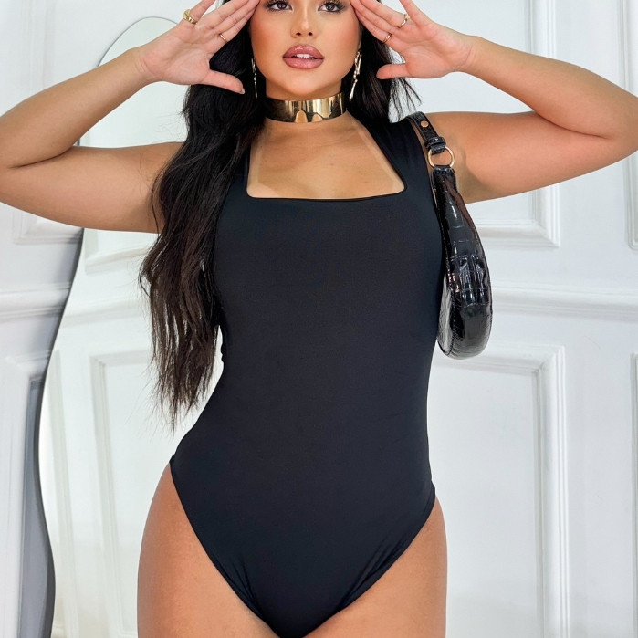 Body Collant Feminino Decote Quadrado Regata Tecido Suplex Elegante