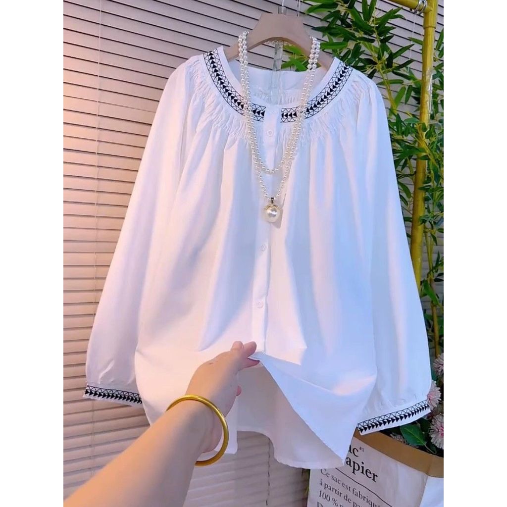 Retro estilo étnico bordado camisa de manga comprida feminina Plus Size gordura mm solto fino Cardigan topo em Oferta na Shopee