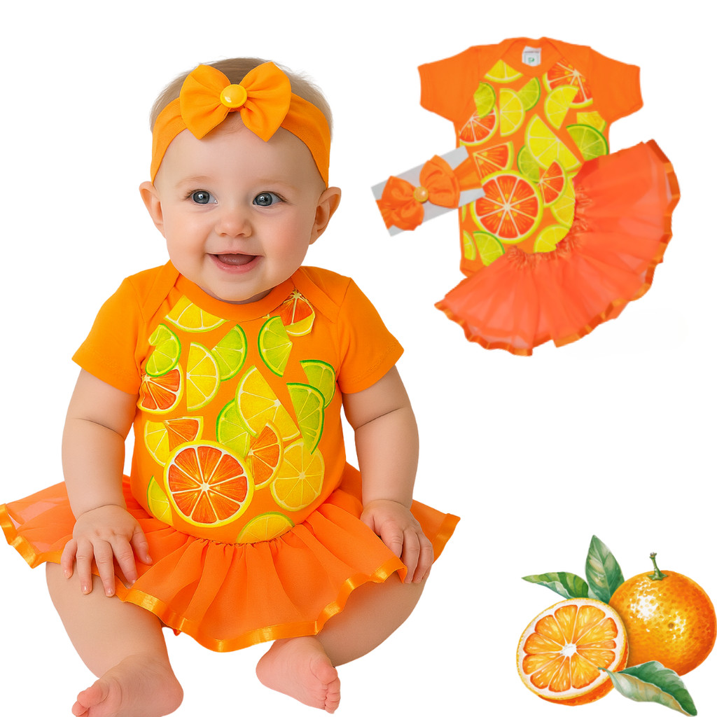 Body Bebê Infantil Menina Mêsversário Temático Frutinhas Laranja Super Confortável Promoção