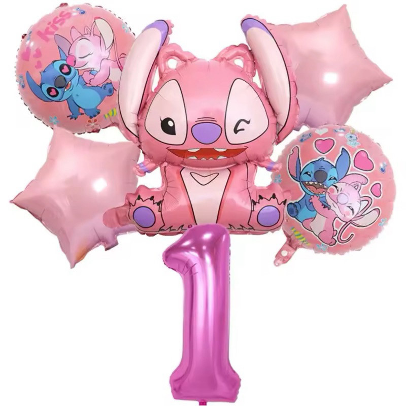 6 Balão Angel Lilo Stitch + Número Balões Metalizados Estrela Redondo Casal Stitch Rosa Festa Aniversário Decoração