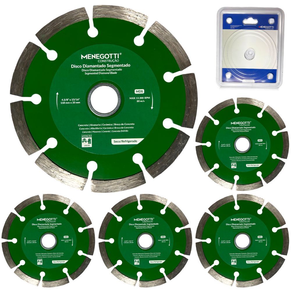 Kit 5 Discos Diamantados Sementados Serra Mármore 4 3/8" 110mm com Bucha Redutora 20x16mm Menegotti