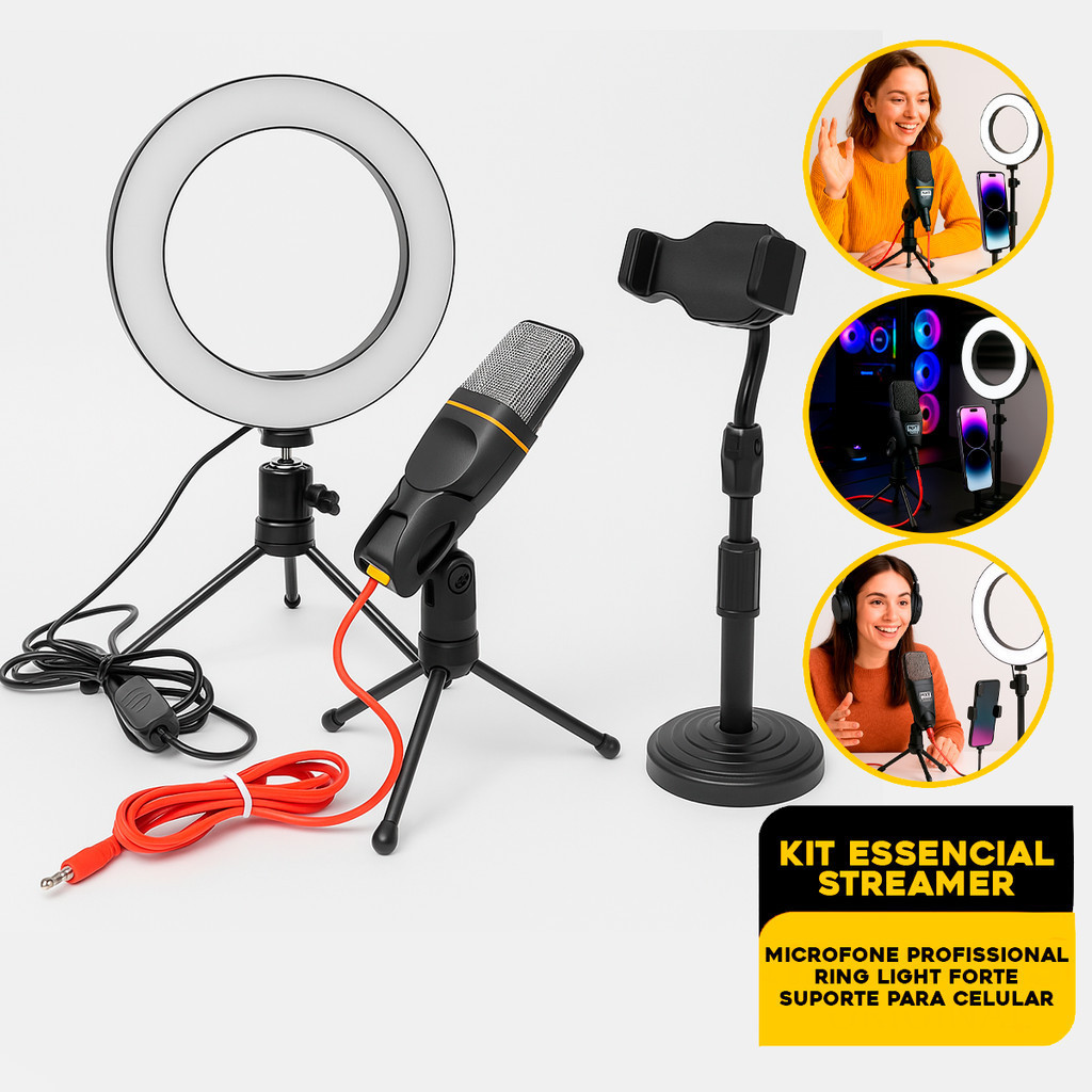 Kit Youtuber Com Tripe Iluminador Ring Light Celular Microfone Profissional Suporte de mesa para celular