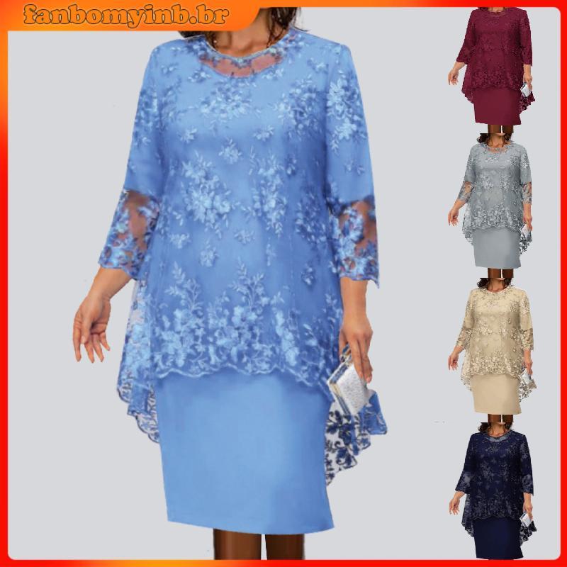 [O-neck Highwaist Plus Tamanho Vestido Midi Bordado Em Renda 3/4 Sleeve Lady De Noite Feminino