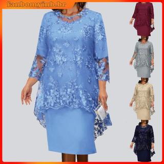 [O-neck Highwaist Plus Tamanho Vestido Midi Bordado Em Renda 3/4 Sleeve Lady De Noite Feminino