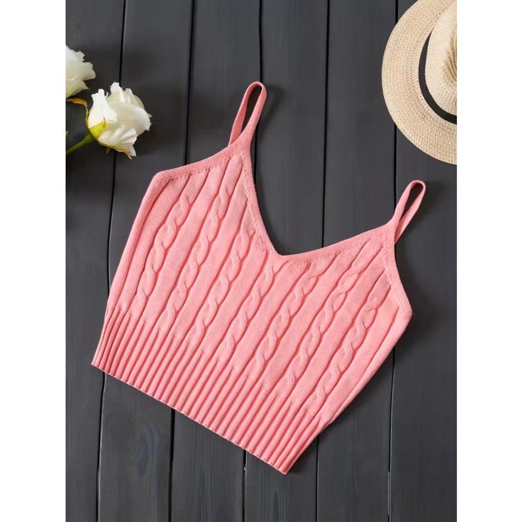 Top elegante sem mangas com decote em V para mulheres Textura de costela elástica e macia cor sólida em Oferta na Shopee