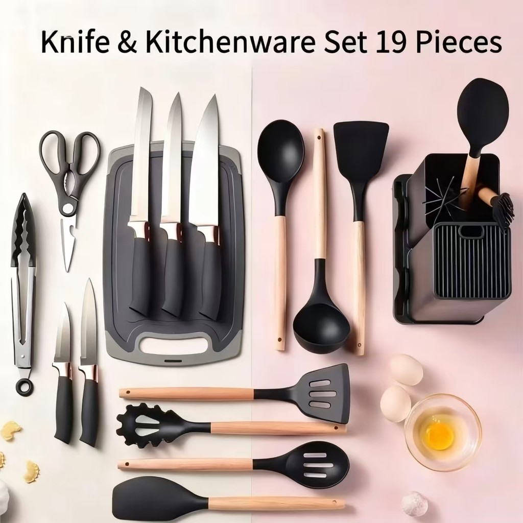 Conjunto de 5-19 peças, acessórios de jogo de utensílios de cozinha de Silicone com poste de madeira em Oferta na Shopee