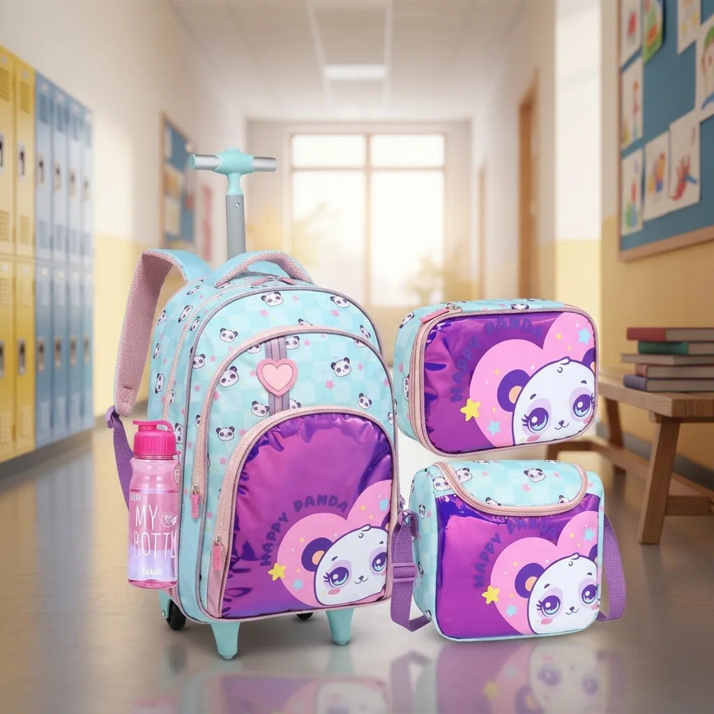 Mochila Rodinha Infantil Menina Kit 3 Peças Escolar Grande