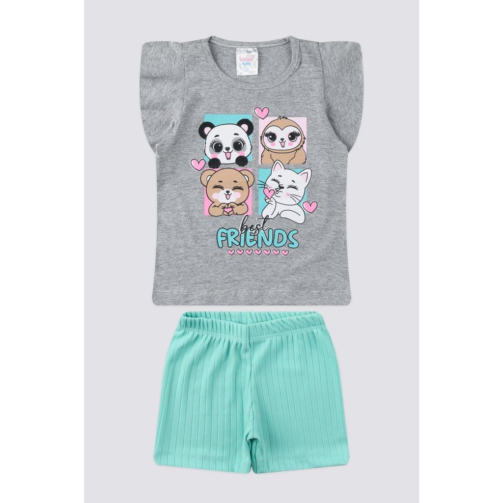 Conjunto Primeiros Passos Feminino Meia Malha/Ribana Canelada Mescla Com Verde Água