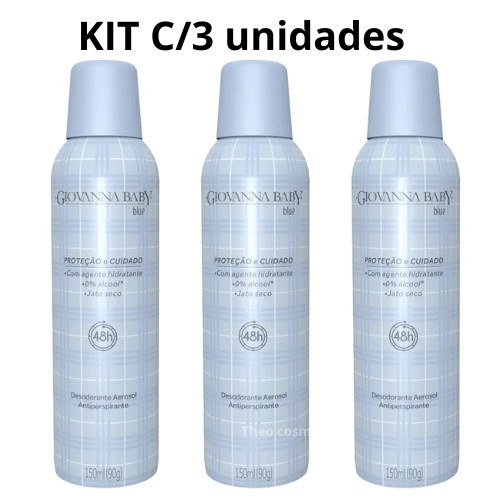 Kit 3 Desodorantes Antiperspirante Aerosol Giovanna Baby Azul Jato Seco 150ml