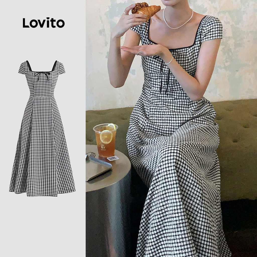 Lovito Vestido Casual Com Contraste E Amarração, Primavera/verão, Vestido Preto E Branco Para Mulheres L138AD873