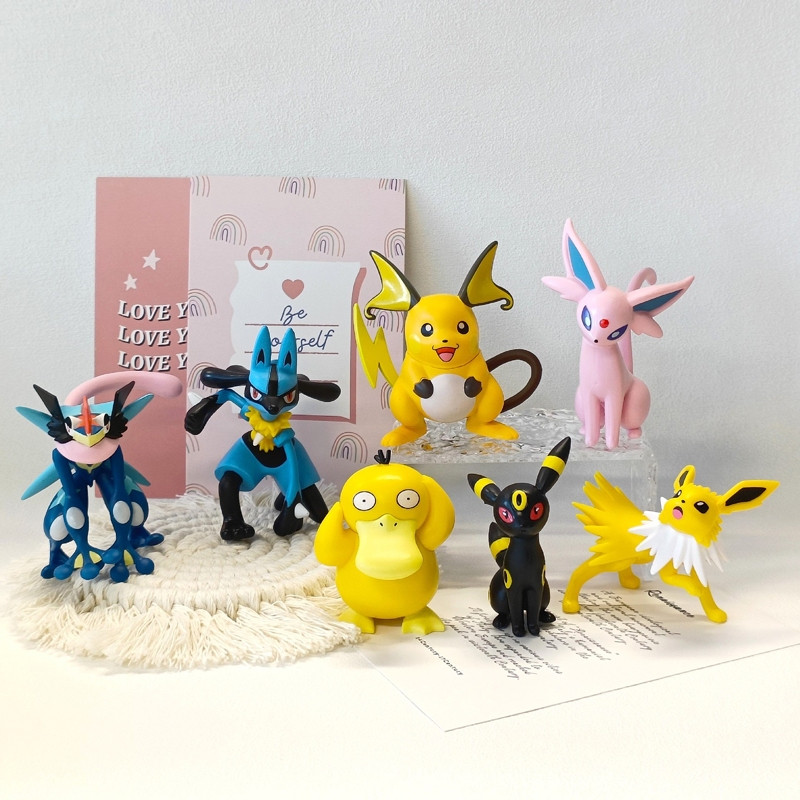 7 Pçs/Set 6-9cm Anime Pokémon Figuras Pikachu Lucario Greninja Psyduck Raichu Umbreon Sylveon Jolteon Q Versão PVC De Aç