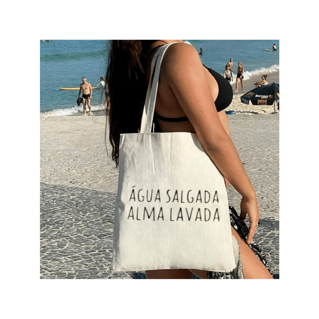 Ecobag 100% Algodão Cru Estampa ÁGUA SALGADA ALMA LAVADA – Bolsa Reutilizável Praia e Dia a Dia em Oferta na Shopee