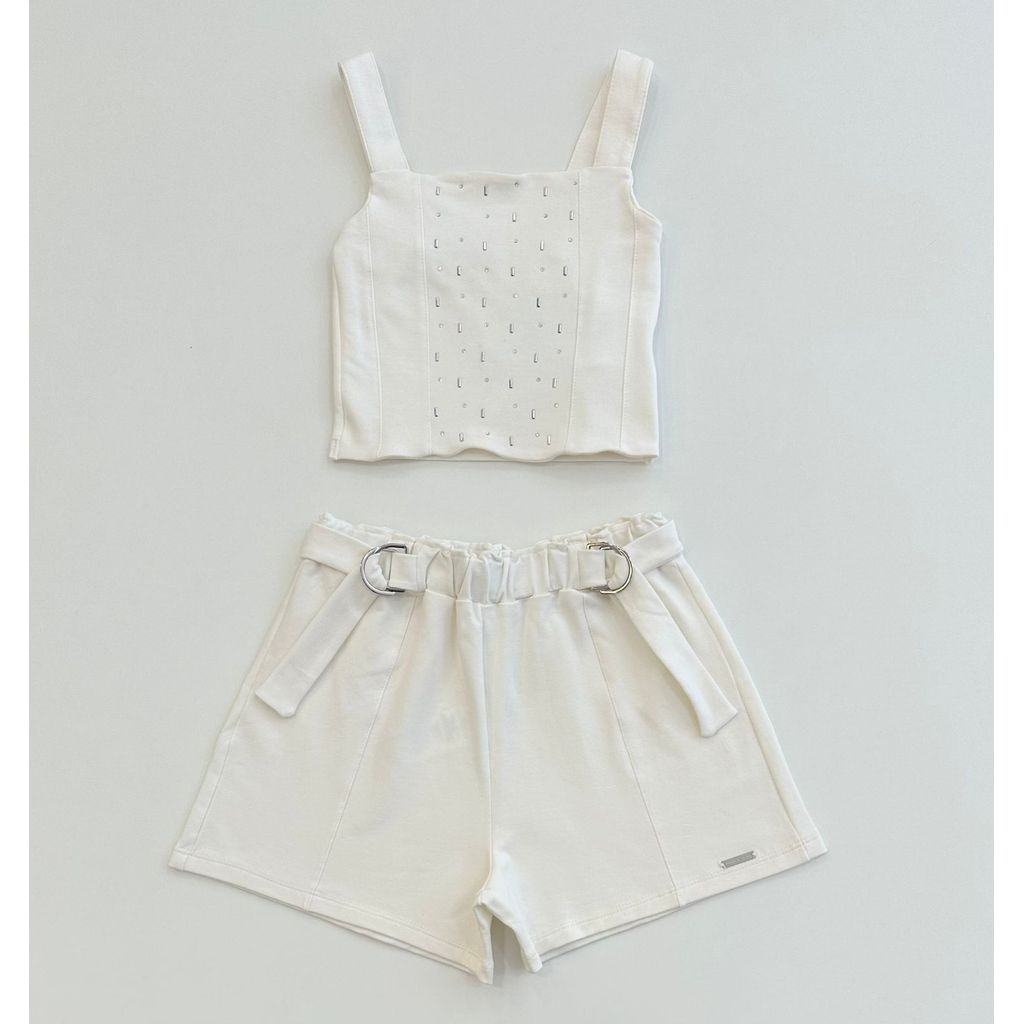 Conjunto Blusa Cropped e Shorts Infantil Vanilla Cream Off White Verão Moda Premium