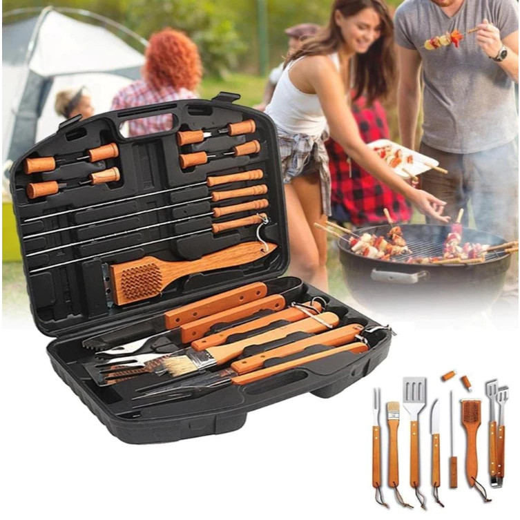 Kit Churrasco 18/9 Peças Completo Aço e cabo de madeira Inox Faca, garfo, Pegador, Espátula, Amolador, e pegador petisco