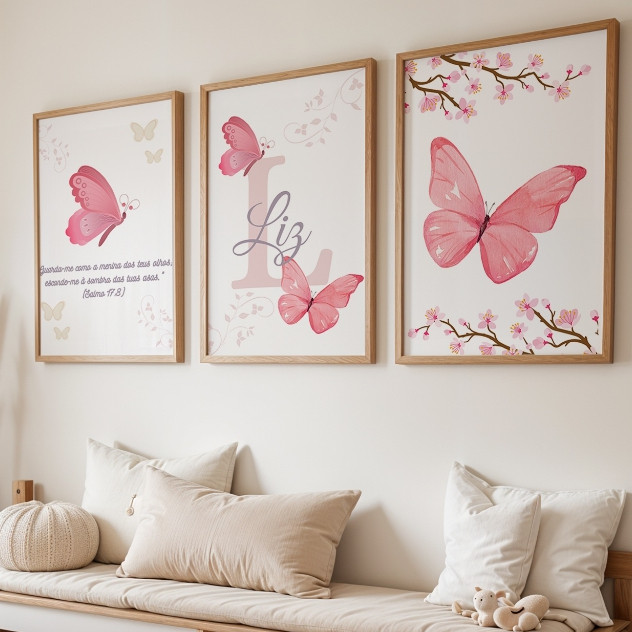Quadro decorativo menina borboletas para quarto infantil — com ou sem moldura em Oferta na Shopee