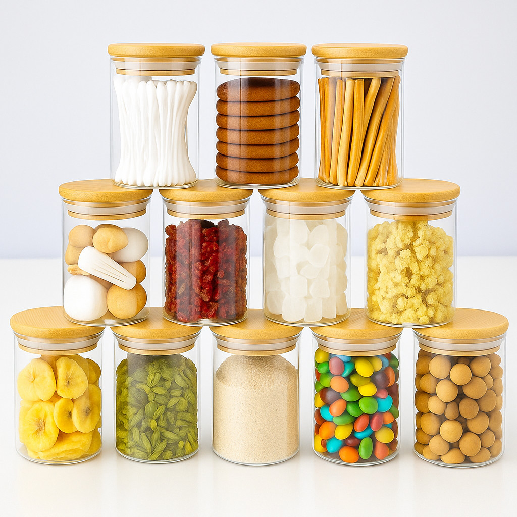 Kit 12 Potes Hermético Vidro Tampa Bambu Organizador Cozinha para Temperos Condimentos Grãos 250ml