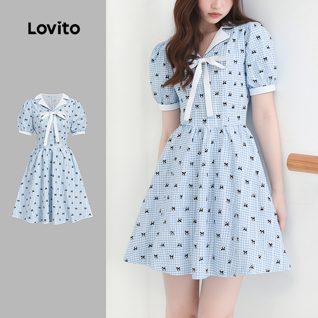Lovito Vestido Casual de Primavera/verão Azul com Bloco de Cores Laço para mulheres L159AD518 em Oferta na Shopee