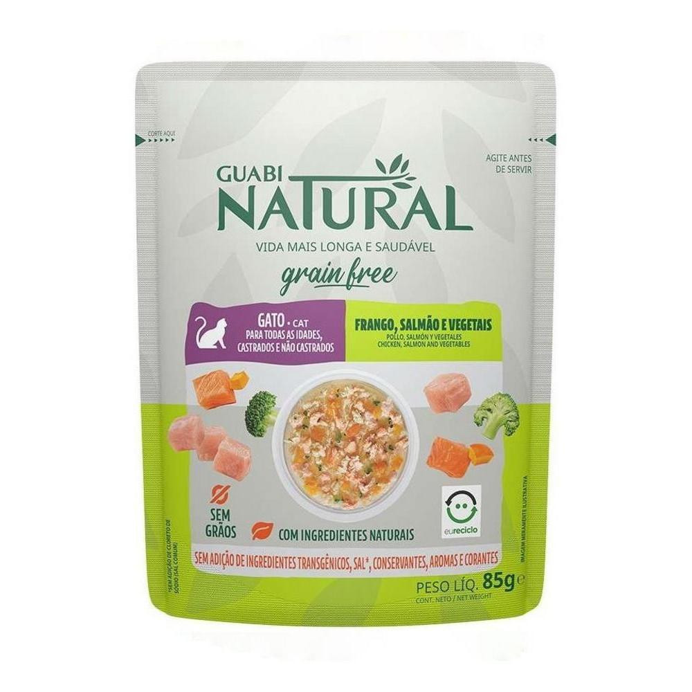 Ração Úmida Grain Free Gatos Castrado Sabor Salmão e Frango 85G Guabi Natural