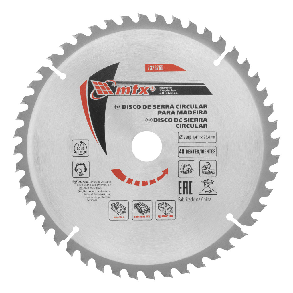 DISCO SERRA CIRCULAR PARA MADEIRA, 230MM (9,1/4POL.) X 25,4MM, 48 DENTES, 1PC // MTX em Oferta na Shopee