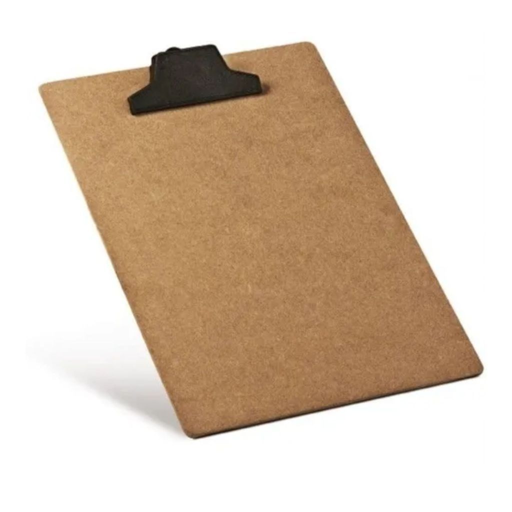 Prancheta oficio A4 Eucatex com garra de plástica ou ferro 34x23CM