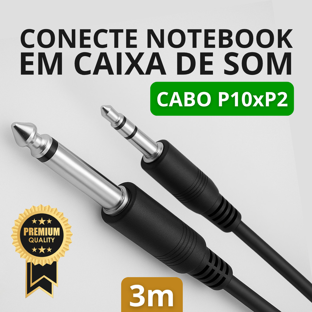 Cabo P2 Estéreo Para P10 Mono 3 Metros Áudio Profissional Conecte Notebook Celular em Oferta na Shopee