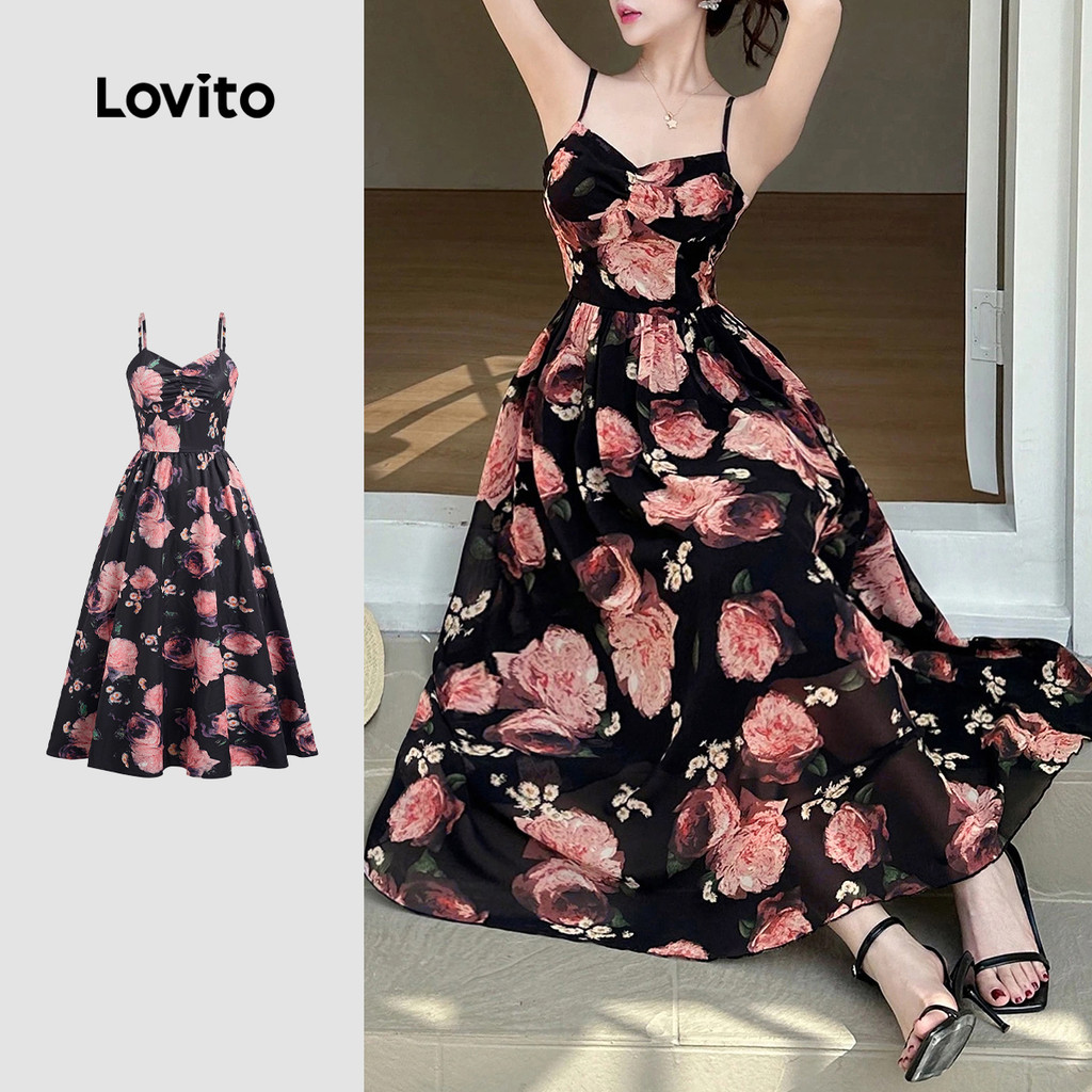 Lovito Vestido Elegante com Pregas Primavera/verão para Mulheres LBL28074 em Oferta na Shopee