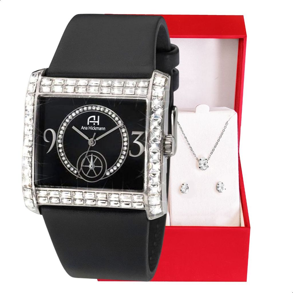 Relógio Feminino Champion Ana Hickmann Couro Preto Cristais AH28133T Colar e Brincos