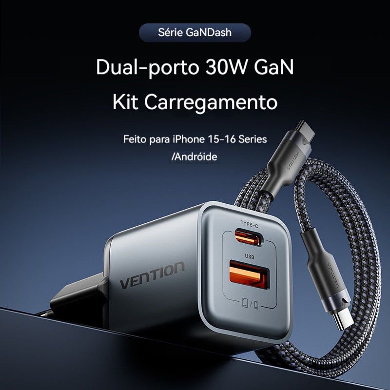 Carregador Rápido De Parede Vention USB-A 30w Turbo Type-C Com Cabo Cc