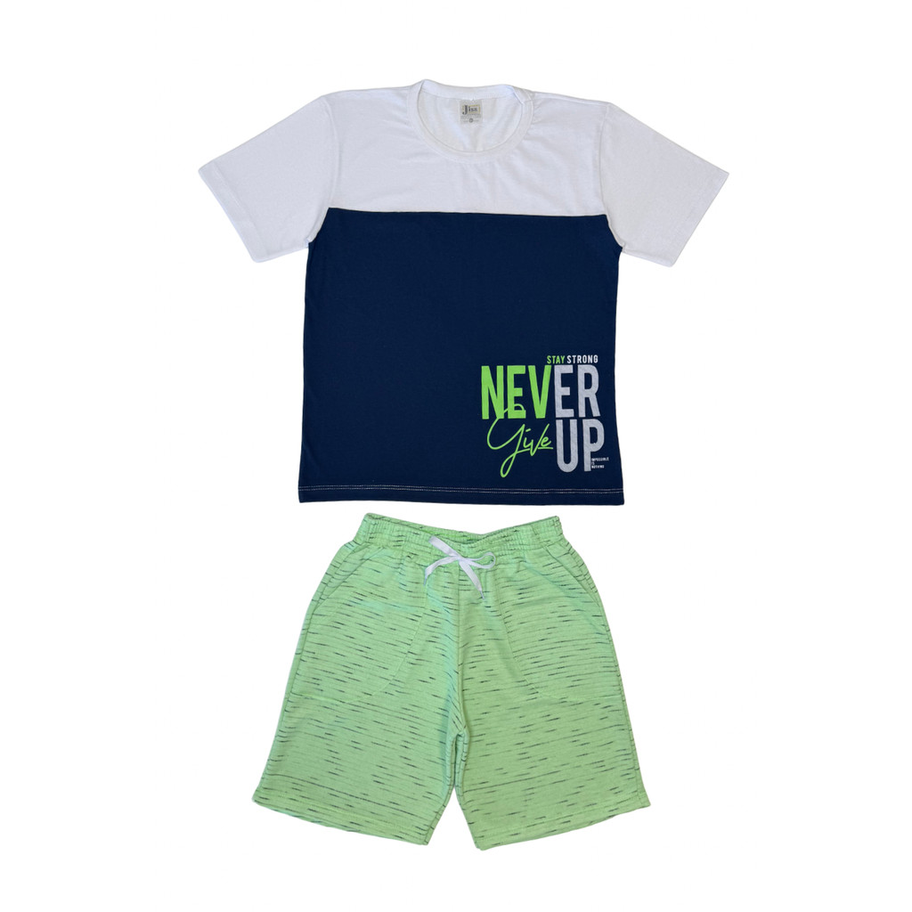 Conjunto Juvenil Masculino Meia Malha/Moletinho Jet Marinho Com Verde