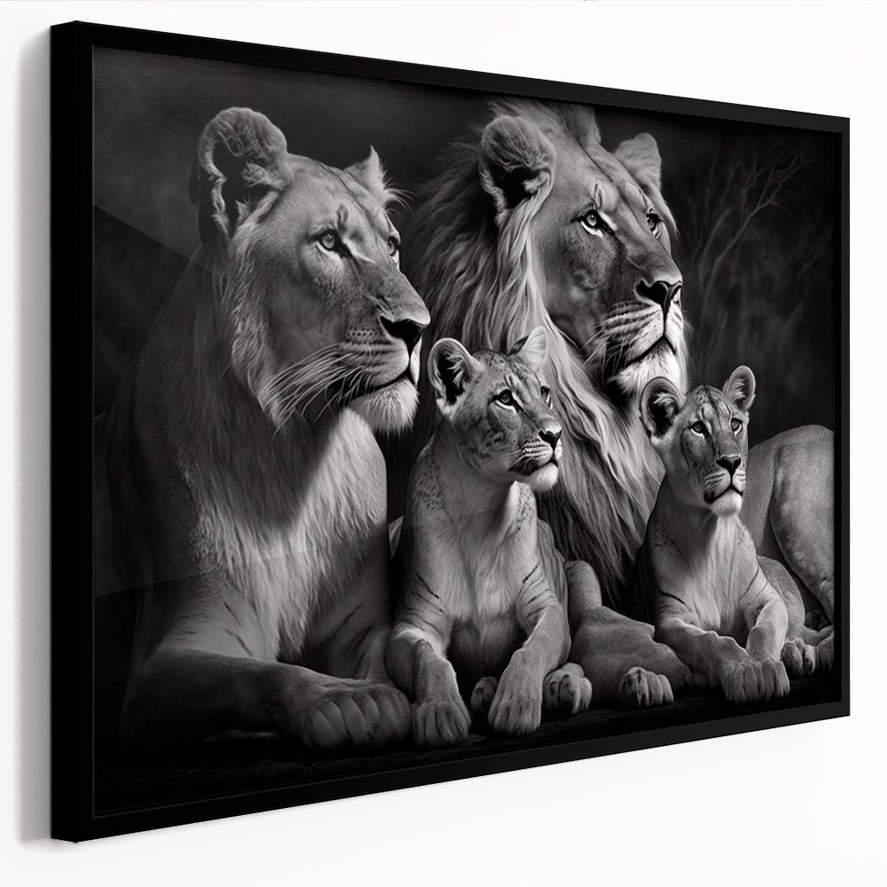 Quadro Decorativo 110x80cm Leão e Leoa 2 Filhotes Família Preto e Branco Sala Quarto Casa em Oferta na Shopee