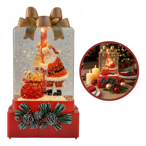 Luminária Caixa Presente Neve Papai Noel Musical Led Natal - Vermelho - Papai Noel