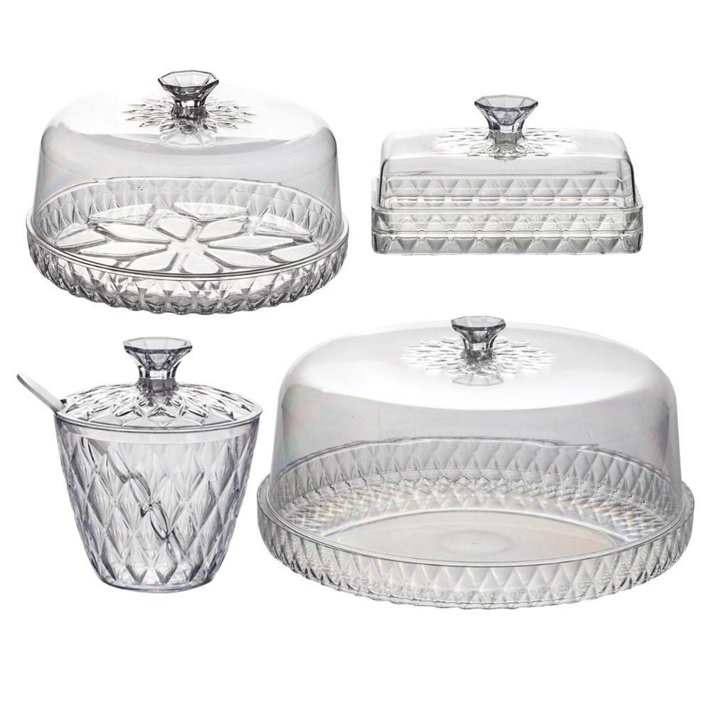Kit Mesa Posta Queijeira Boleira Açucareiro Manteigueira Incolor Glamour 4 Peças Plasútil
