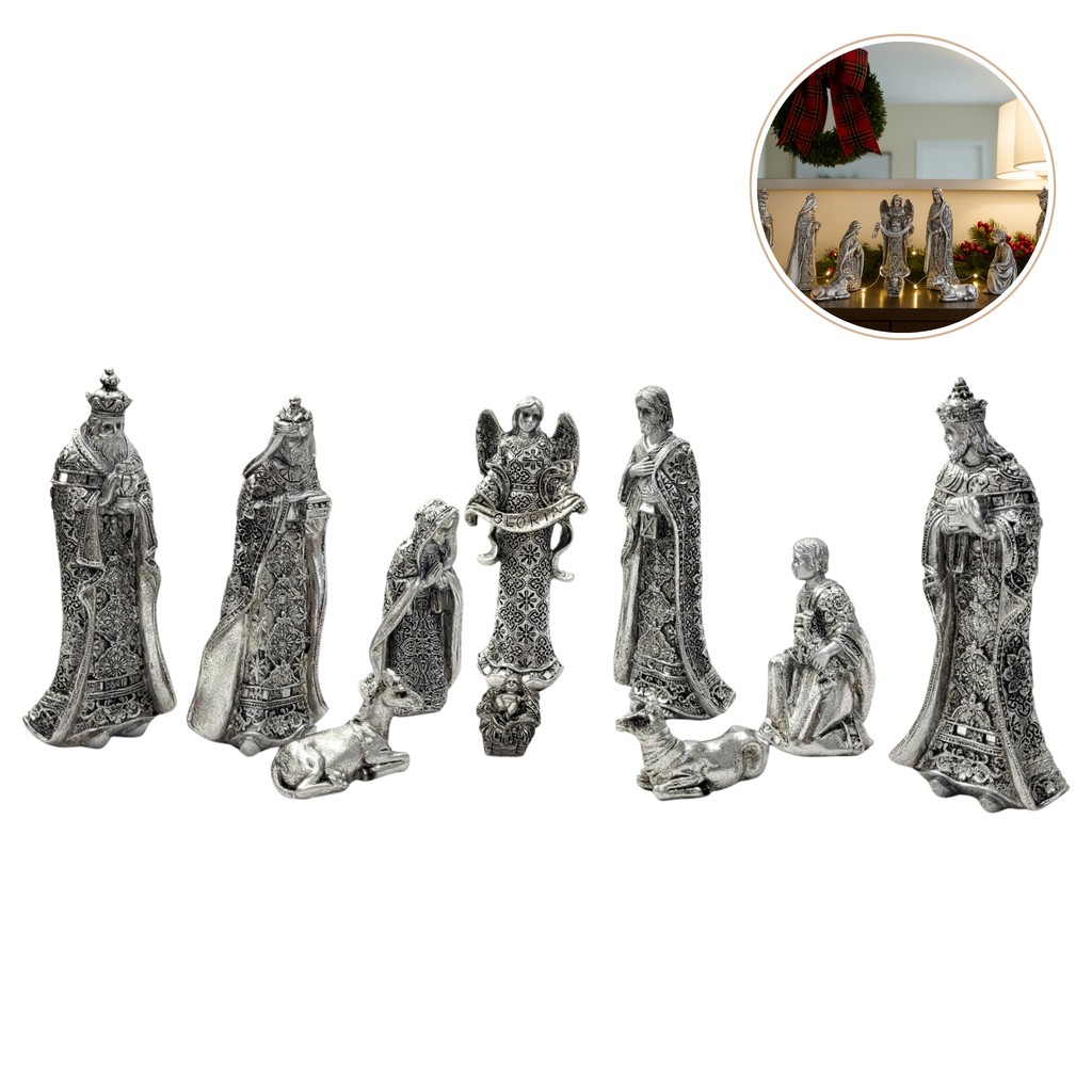 Kit Presépio Natal Resina Prata 10 Peças Figuras Decoração