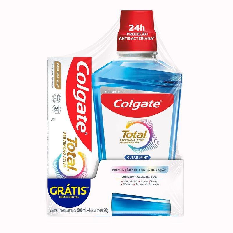 Kit Enxaguante Bucal Colgate Total Clean Mint 500ml + Creme Dental Colgate Total Clean Mint 90g